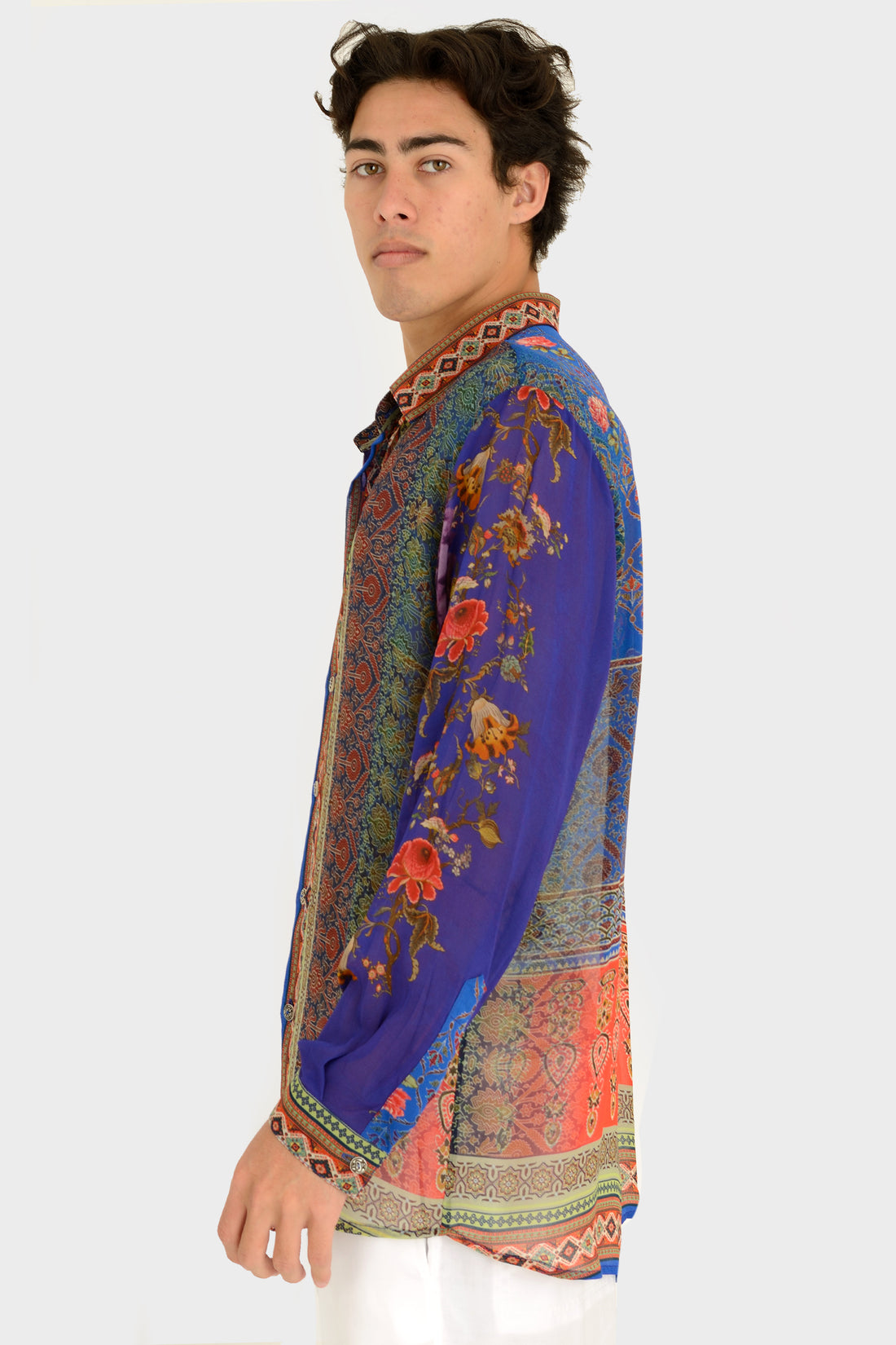 Barney - Original Tribal Print Rayon Digital Georgette Shirt With Hand Carved Bone Buttons (7389345906884)
