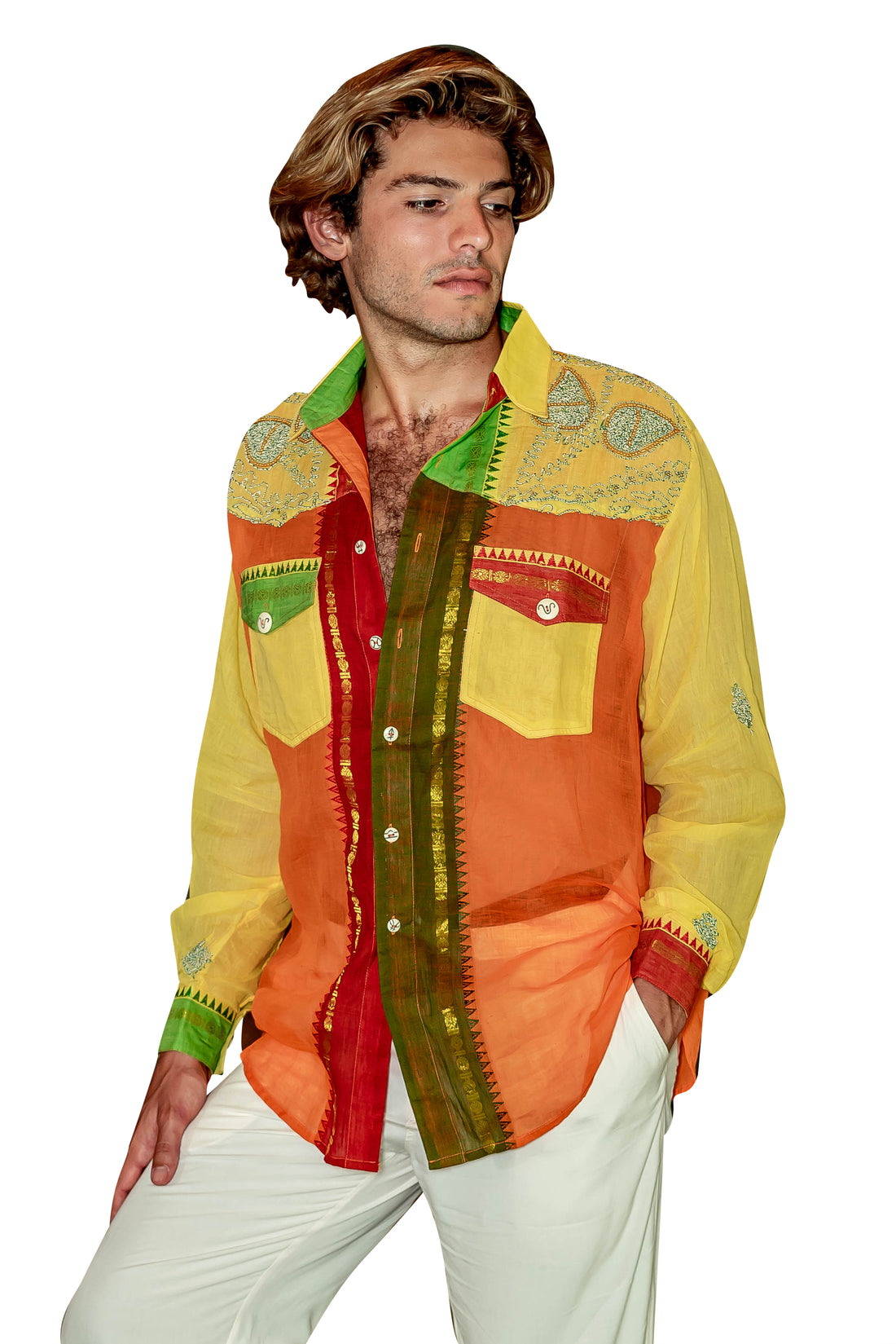 Lewin - Cotton Hand Woven And Hand Embroidered Lewin Cowboy Shirt With Hand Carved Bone Buttons (7302727729348)