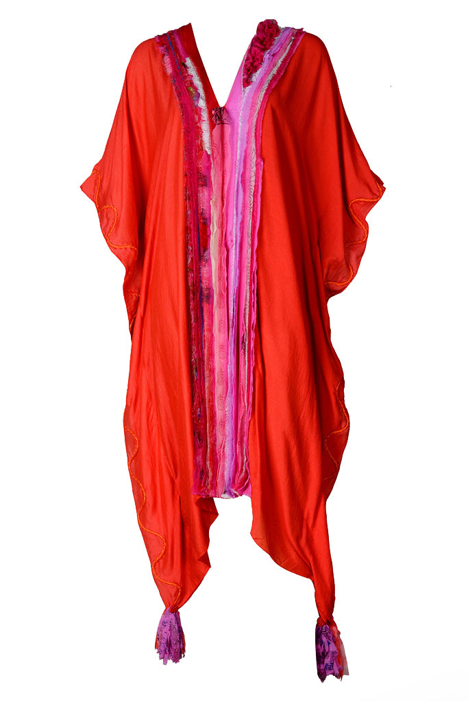 Gemma Ruffle Silk Kaftan Dress -  Silk Cotton with Chiffon (4709719900265)