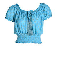 Karissa - Hand Cut Silk Degrade Crop Top with tied strings hand beaded and elastic hem sleeves. (7123715129540)